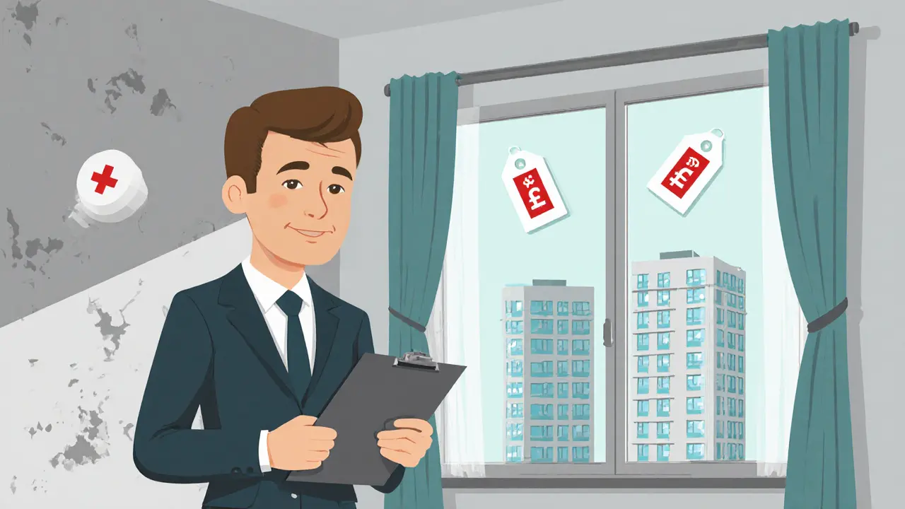 Оценщик в офисе с документами, рядом с квартирой и тремя аналогичными домами на фоне.