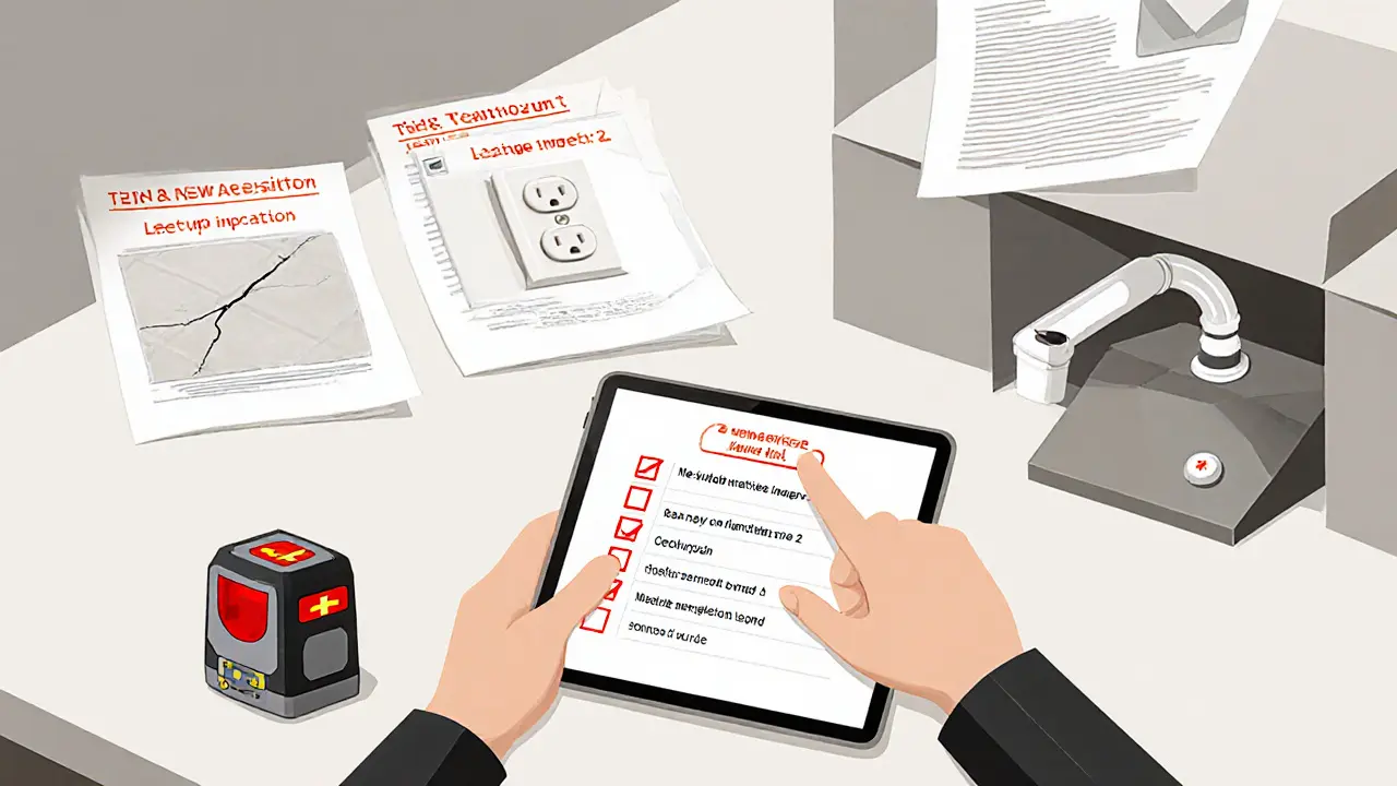 Инспектор проверяет дефекты в квартире с помощью лазерного уровня и планшета.