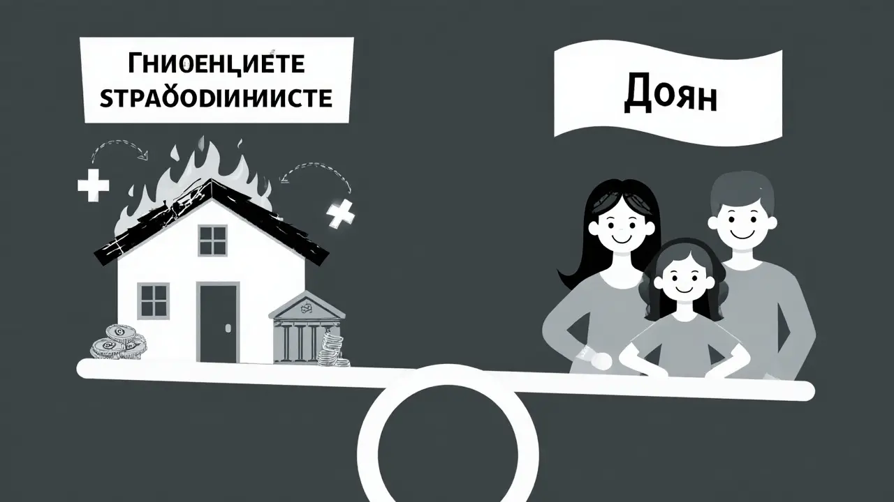 Баланс между обязательным страхованием дома и добровольным выбором семьи — в стиле швейцарской графики.