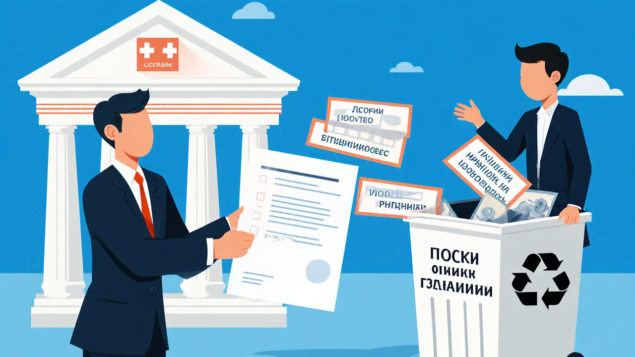 Человек отказывается от ненужных страховок, выбрасывая их в корзину, банк принимает обязательный полис.