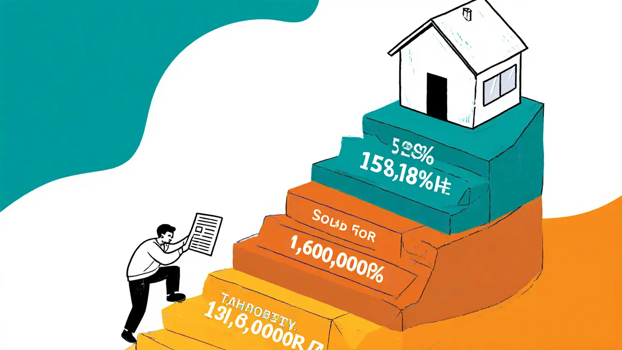 Дом на фоне ступеней с прогрессивными ставками налога, человек использует вычет, чтобы снизить налог.