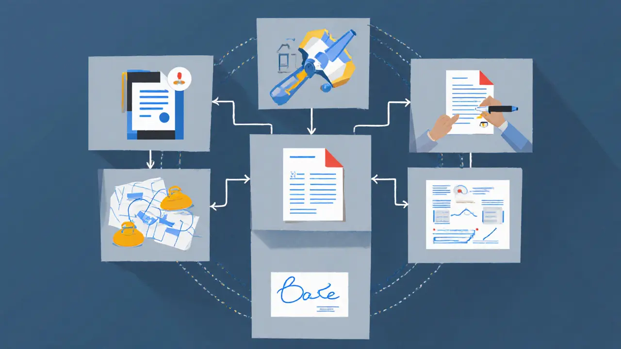 Пять этапов оценки недвижимости в виде геометрических панелей, соединенных в круг.