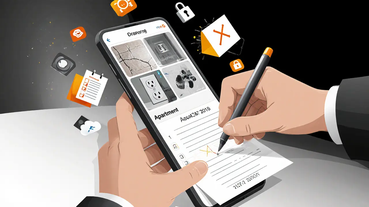 Смартфон с фото дефектов и цифровой подписью документа в стиле швейцарской иллюстрации.