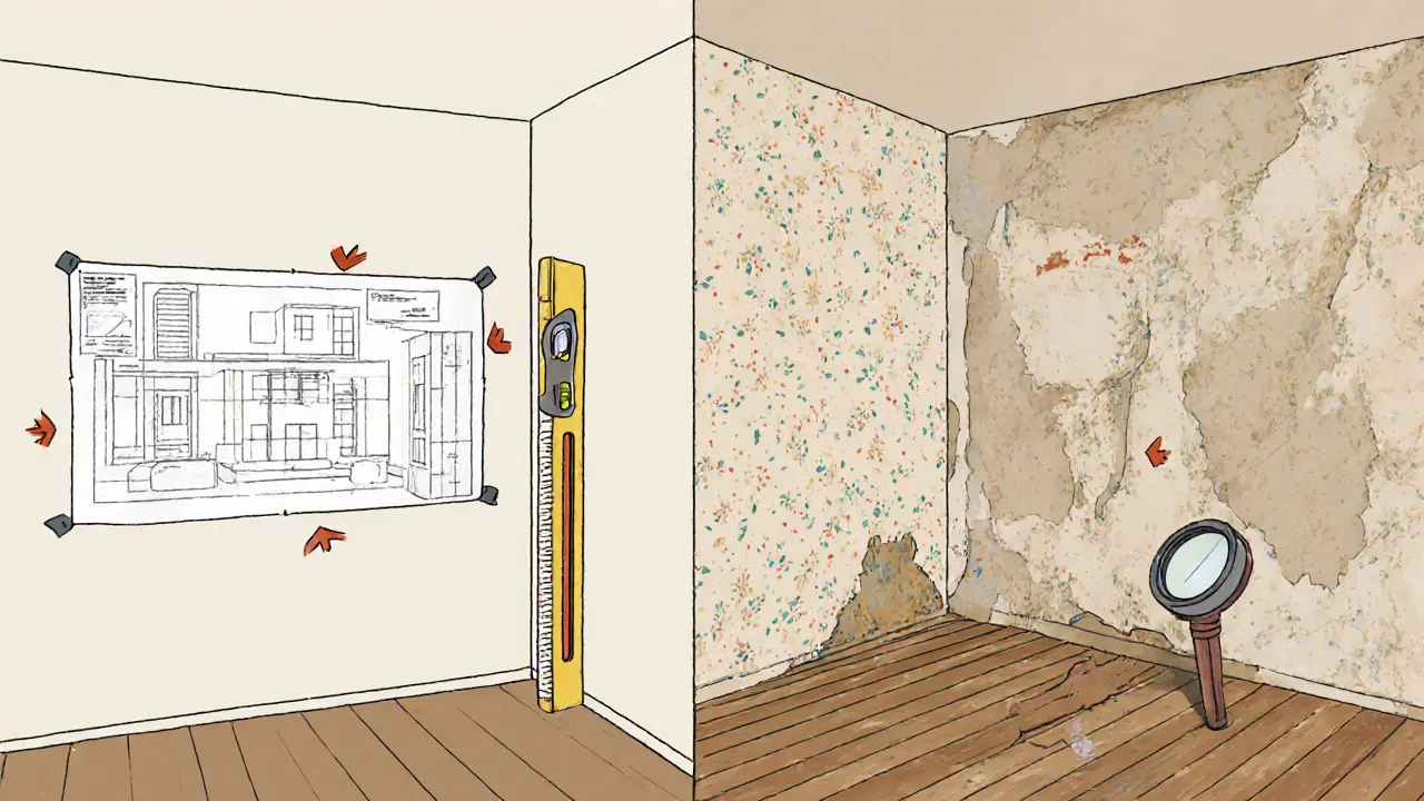 Сравнение осмотра новостройки и вторичного жилья с инструментами и деталями.