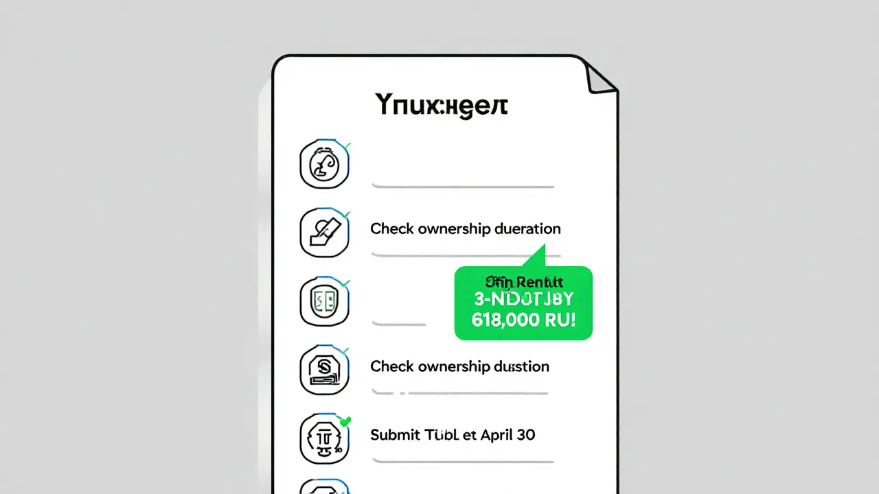 Визуальный список из восьми шагов по продаже квартиры с выделенным этапом экономии налога.