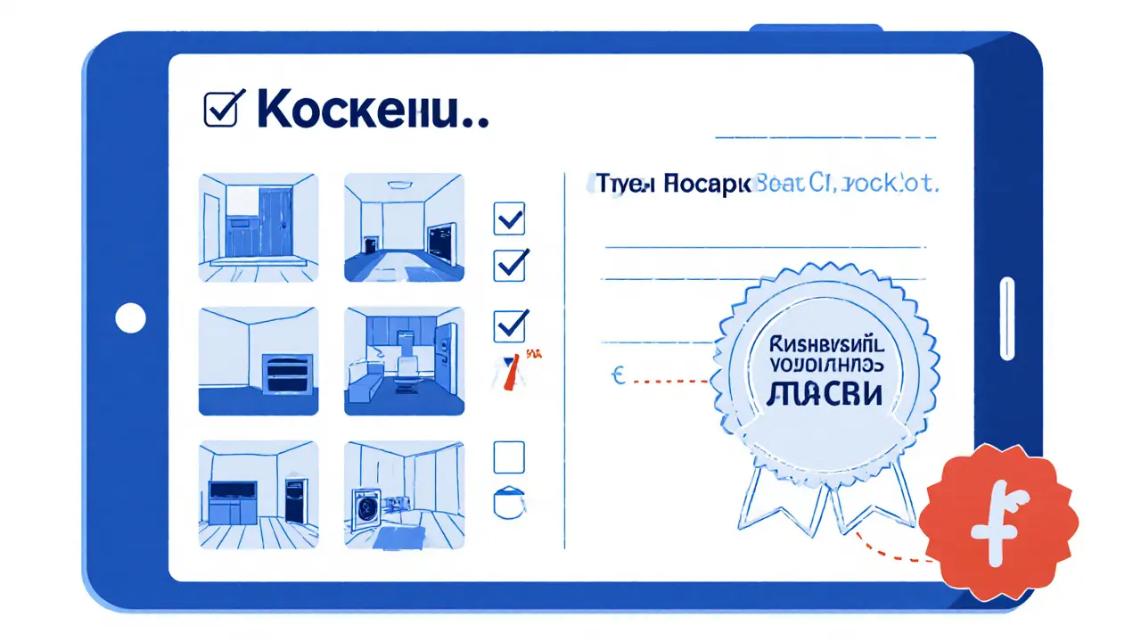 Электронный акт выезда на планшете, рядом — значок страхового депозита и зачеркнутые деньги.