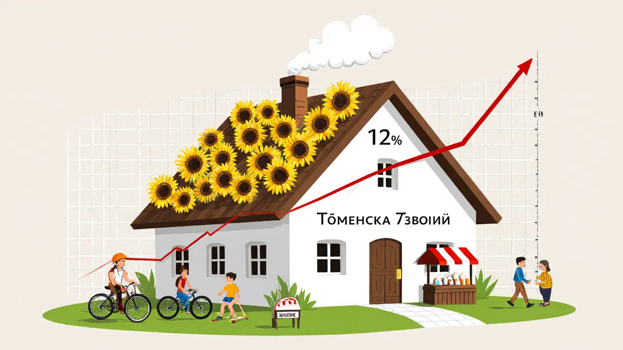 График доходности в виде дома с сельскохозяйственными элементами, символизирующий прибыль от экопоселка в Тюменской области.