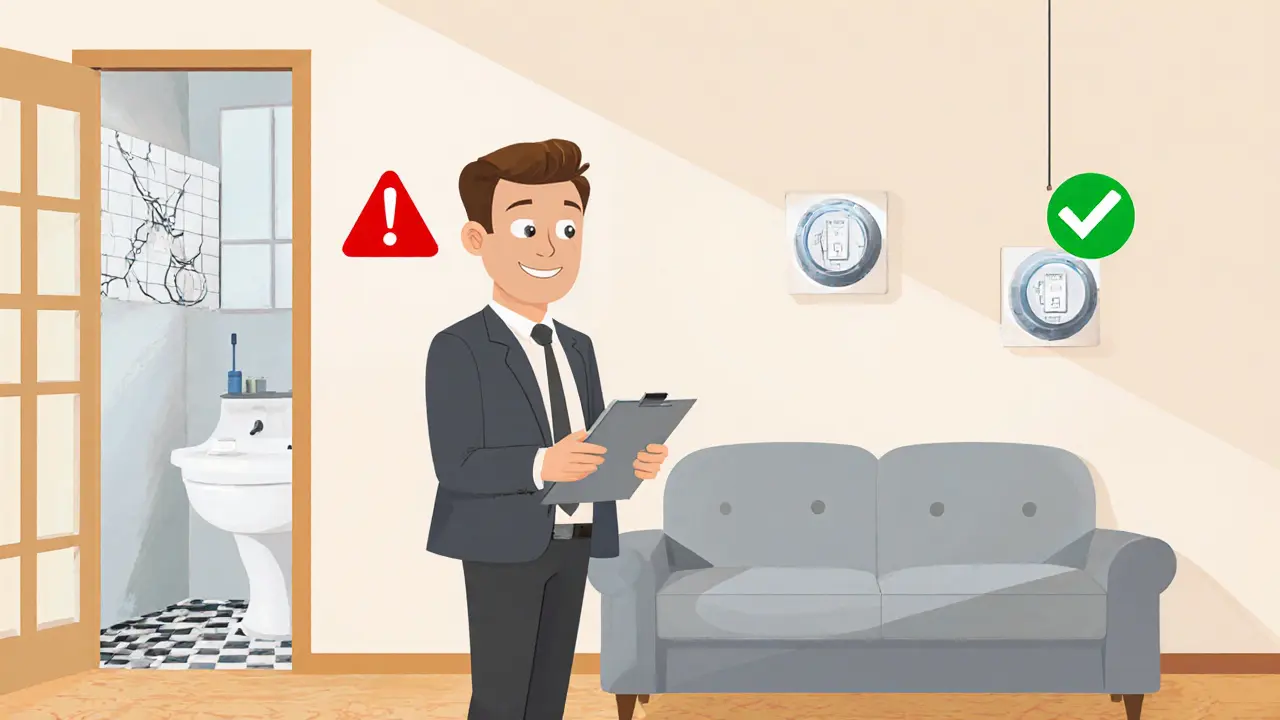 Оценщик осматривает чистую квартиру с работающими счётчиками и исправной проводкой