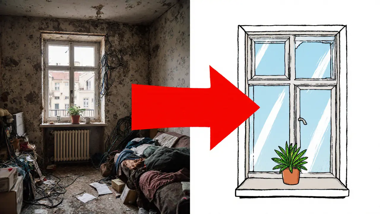 Сравнение до и после подготовки квартиры к оценке в стиле швейцарской иллюстрации