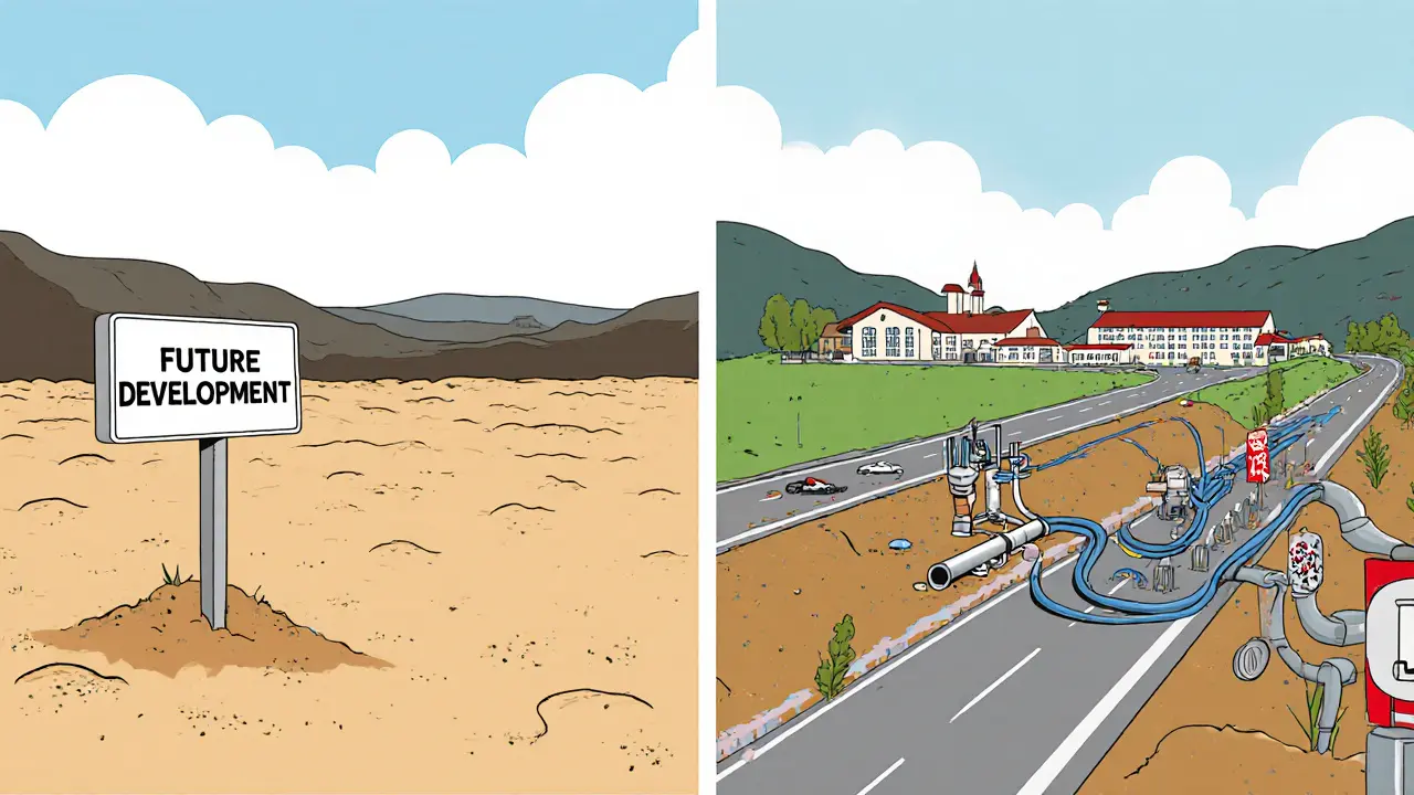 Сравнение пустого участка земли и участка с развитой инфраструктурой: дорога, школа, коммуникации.