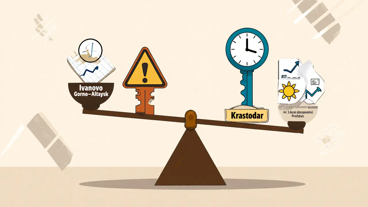 Весы, балансирующие рискованные города и устойчивый Краснодар с символами спроса и ликвидности.