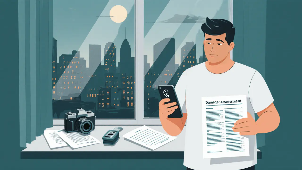 Владелец квартиры держит отчет об ущербе и звонит по телефону.