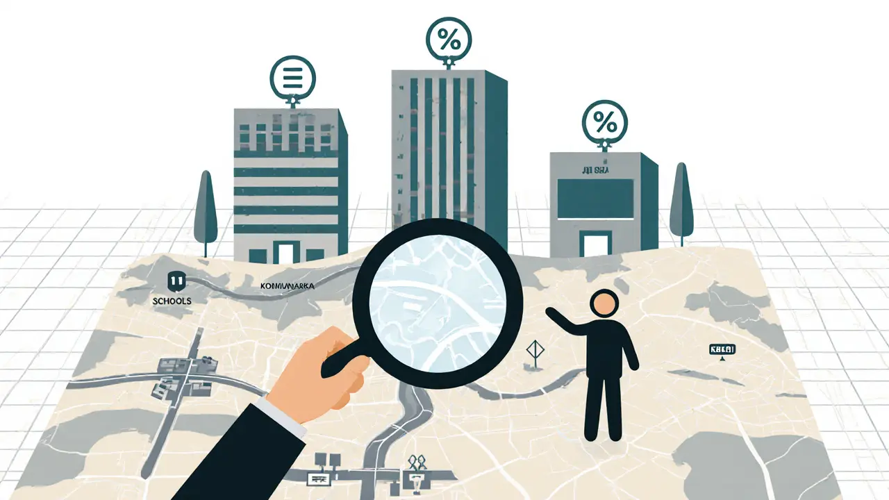 Инвестор анализирует растущие районы Москвы с символами инфраструктуры и доходности в геометрическом стиле