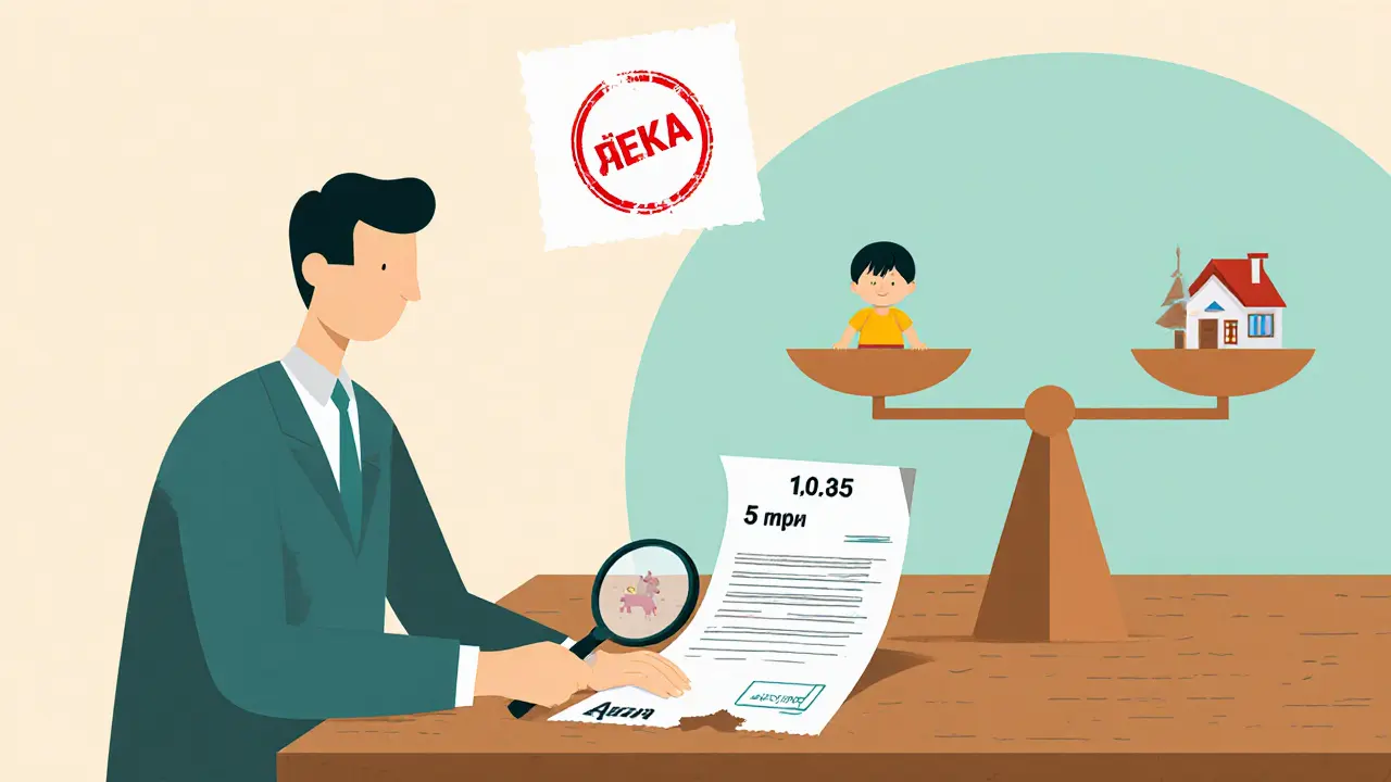 Нотариус проверяет цену сделки, на весах — игрушка и дом, символизируя опеку.