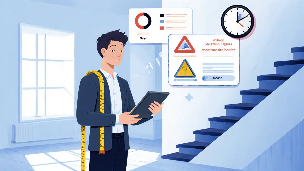 Оценщик осматривает квартиру, над ним — три метода оценки в виде геометрических схем и символ времени.