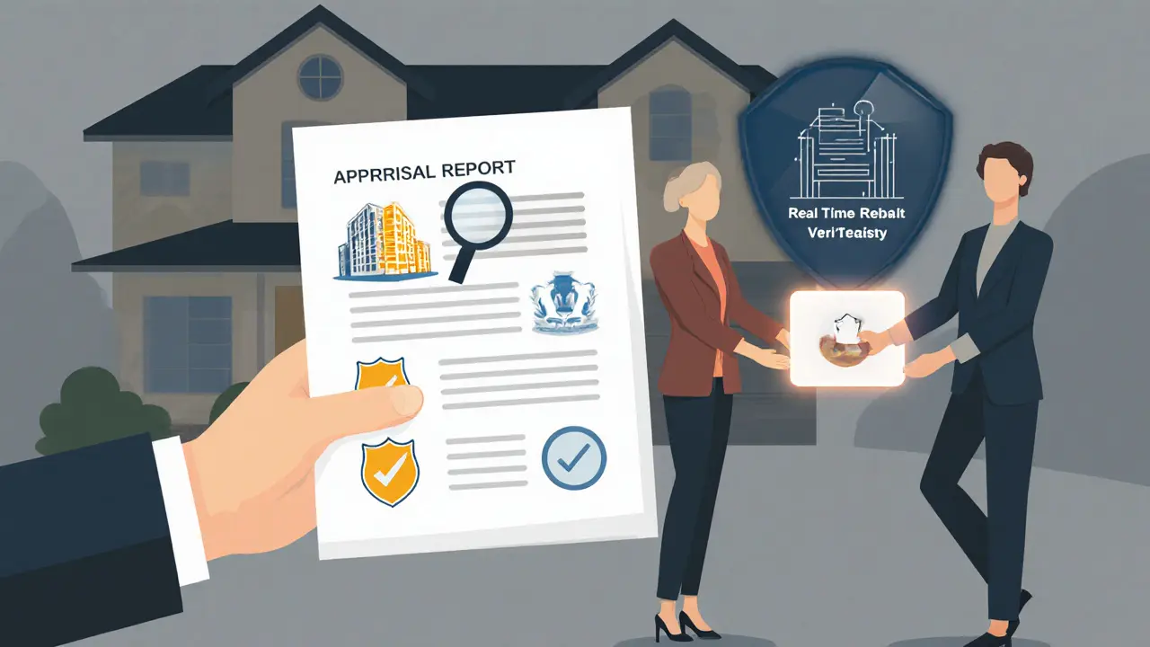 Передача официального отчета об оценке с иконками страховки, аттестата и цифровой подписи.