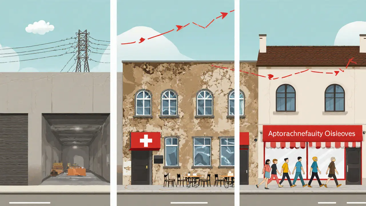 Сравнение эффективного склада, устаревшего офиса и оживленного уличного ритейла в минималистичном стиле