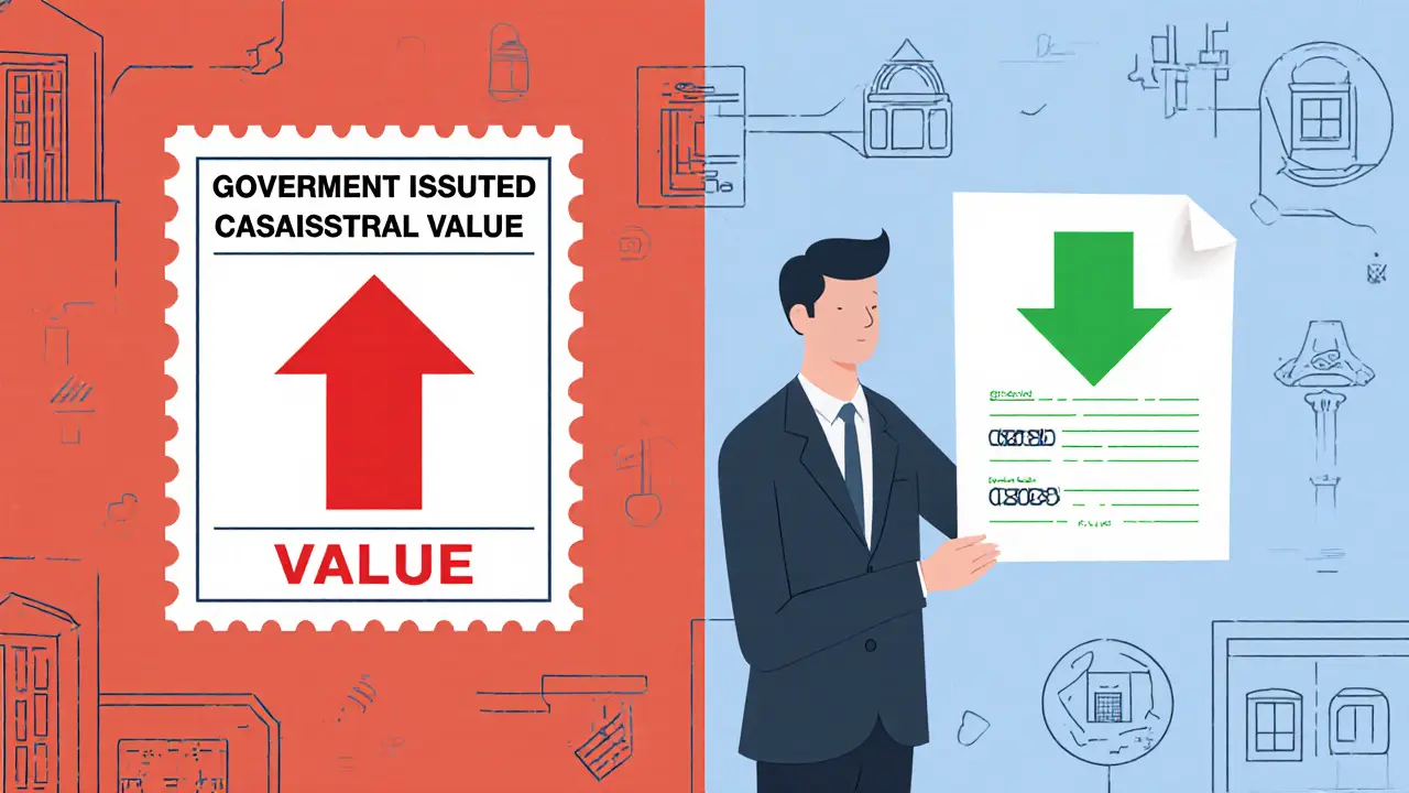 Сравнение кадастровой и рыночной стоимости: красная и зелёная стрелки с деталями квартиры в минималистичном стиле.