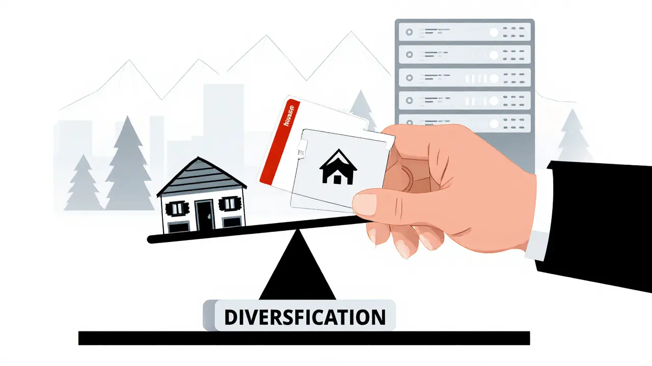 Рука распределяет ключи от квартиры, склада и курортного дома на весах, символизируя диверсификацию вложений.