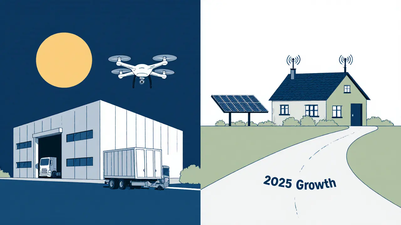 Современный склад с дронами и уютный загородный дом — два перспективных направления инвестиций в 2025 году.