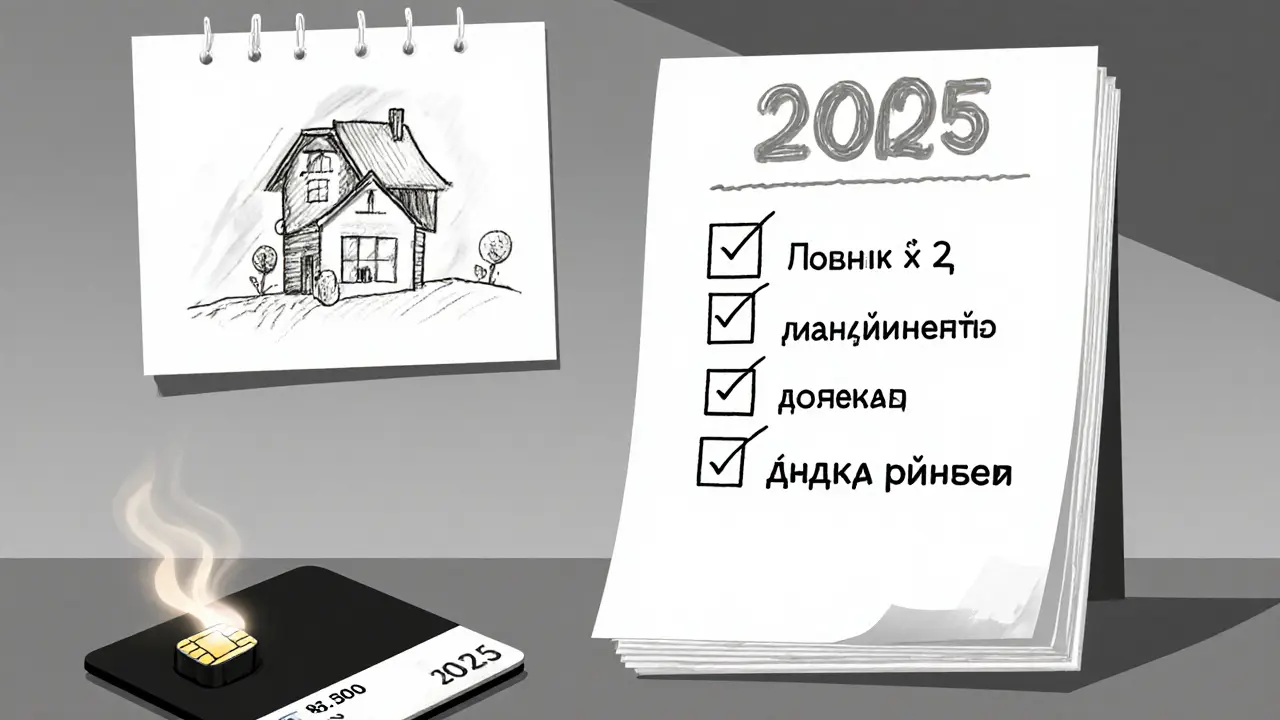 Банковская карта с остатком 8500 рублей и детский рисунок дома.