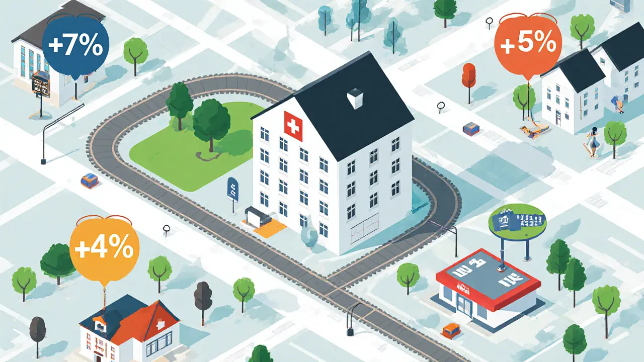 Карта района с символами школы, парка, дороги и ТЦ, влияющими на стоимость жилья.