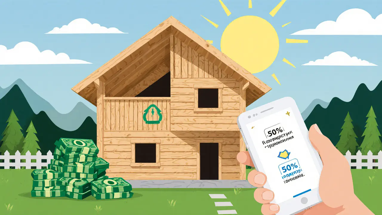 Родитель с телефоном и частично построенным домом в деревне.