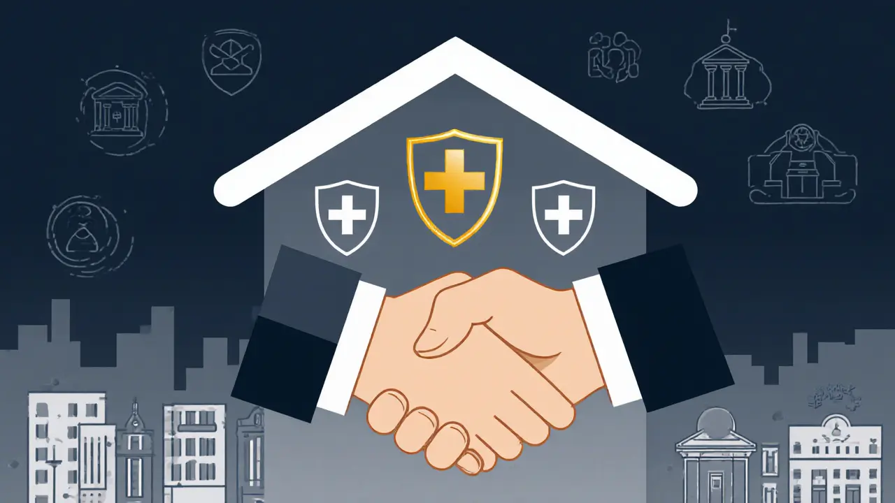 Риэлтор и покупатель пожимают руки под защитой юридических щитов.