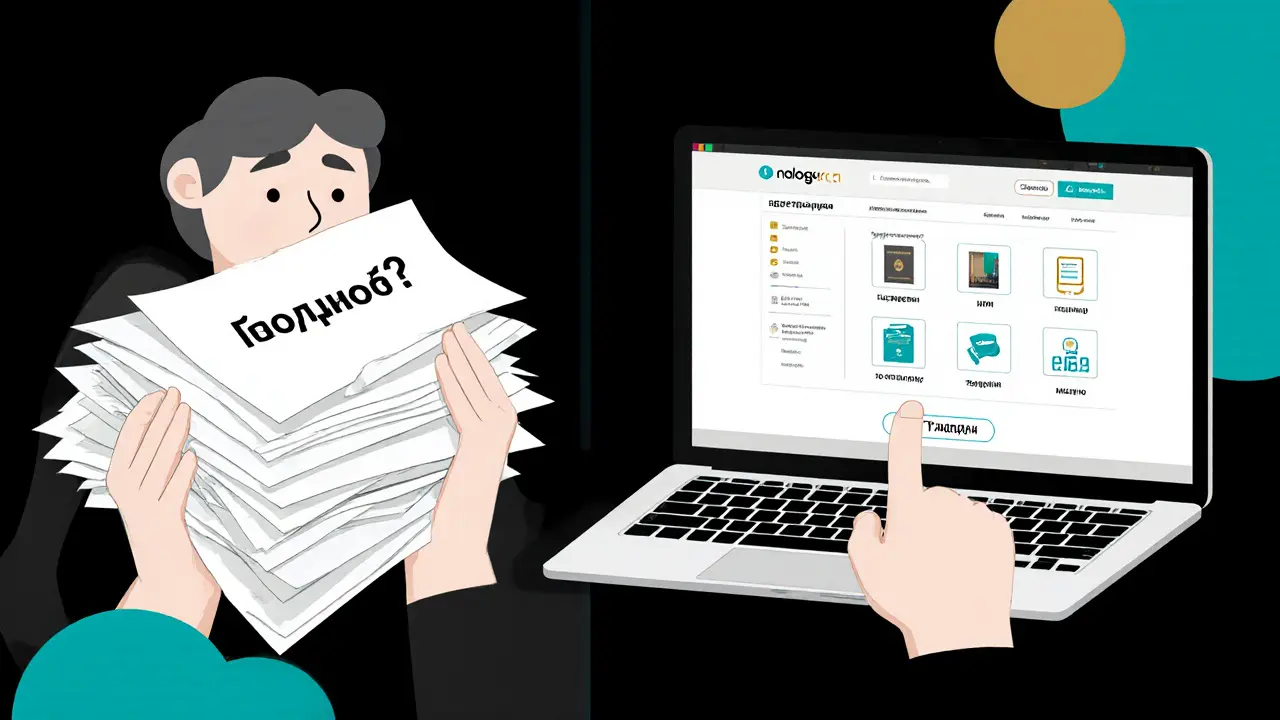 Человек подает декларацию 3-НДФЛ через сайт ФНС, документы организованы в виде чистых иконок на экране.