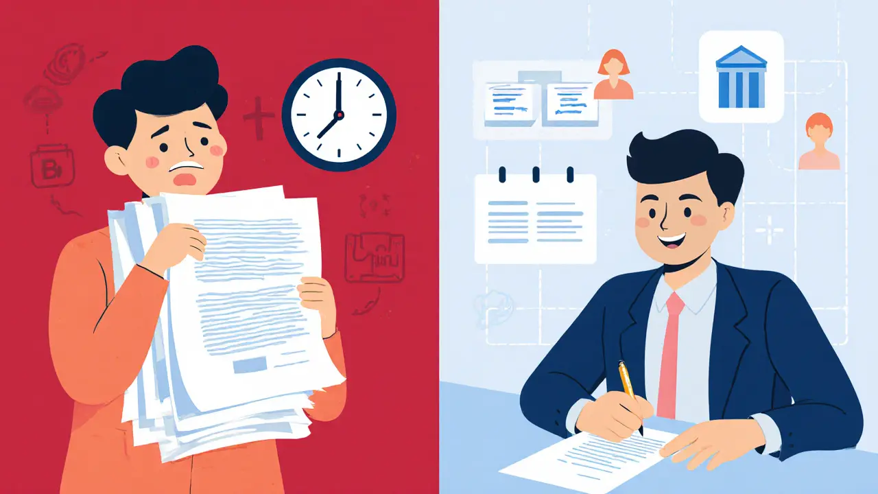 Человек подает документы для реструктуризации ипотеки, разделение на до и после.