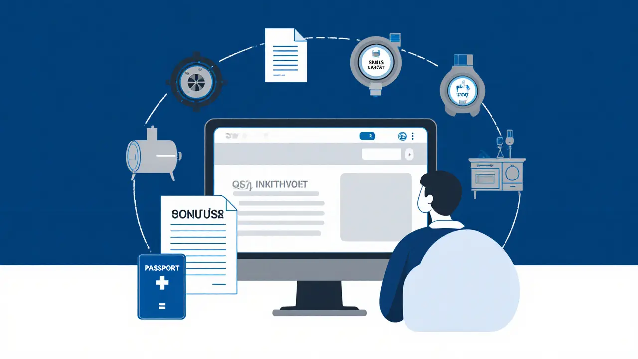 Человек подаёт заявку на газификацию через портал Госуслуг с документами на столе.