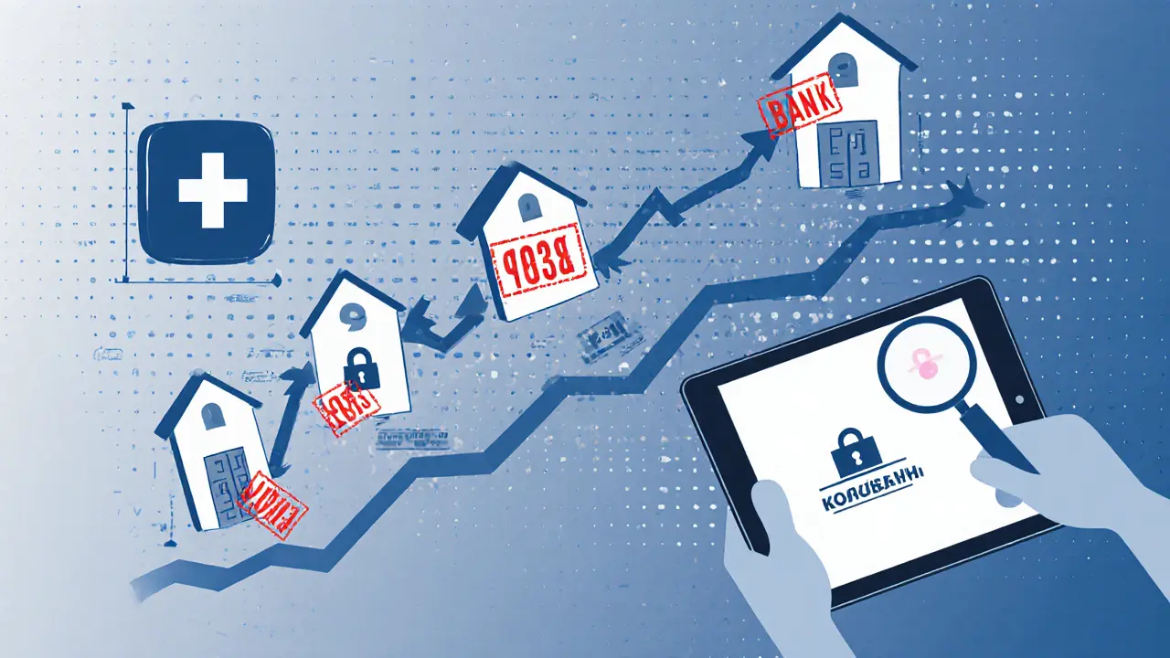 Цифровая хронология смены собственников квартиры с красными маркерами арестов и залогов, проверяемая через официальные порталы.