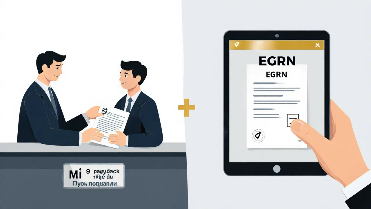 Два сценария: подача документов в МФЦ и получение выписки ЕГРН за один день, визуальное сравнение сроков.