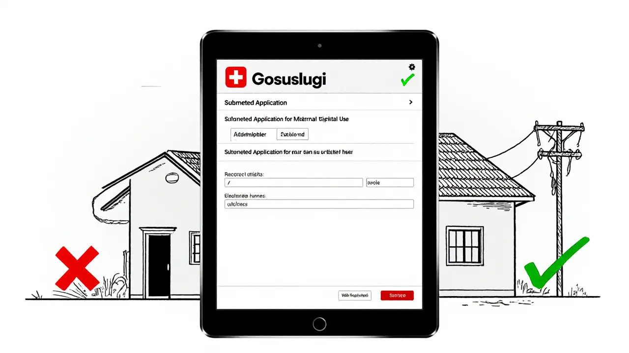 Экран Госуслуг с поданной заявкой и сравнением подходящего и неподходящего жилья.