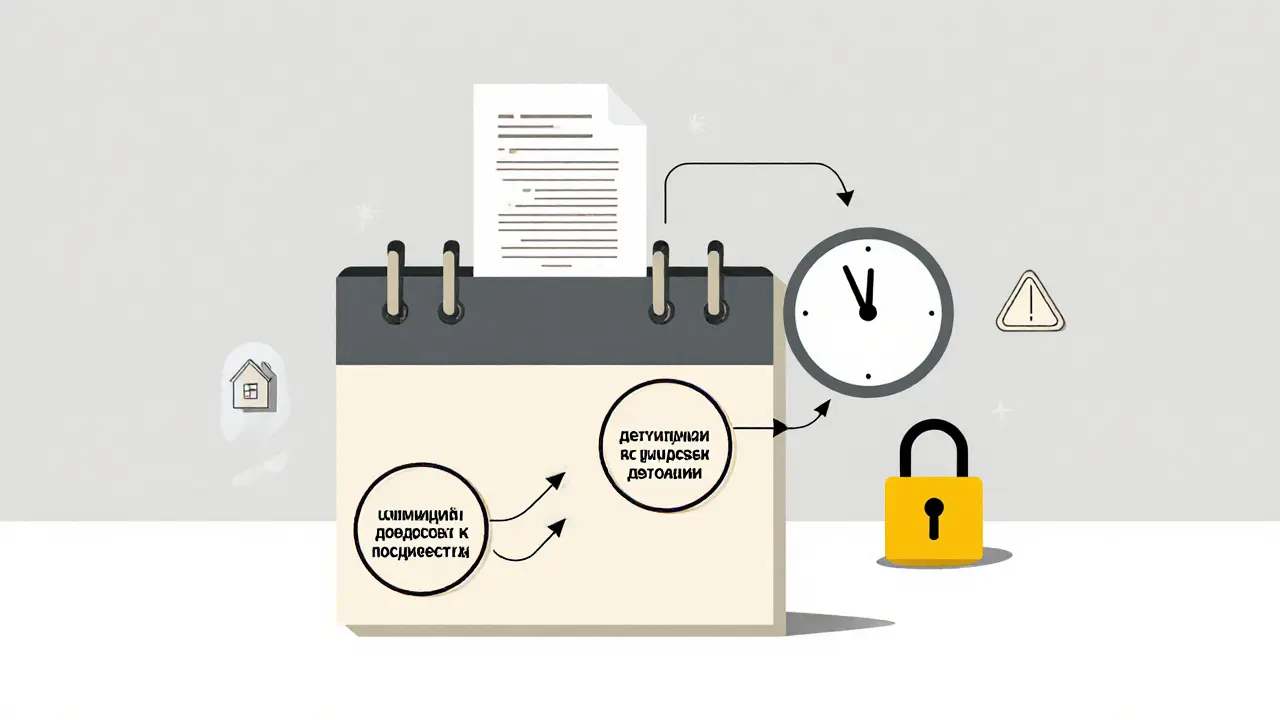 Календарь с датами сделки и налога, дом с замком, символы регистрации и времени в минималистичном стиле.