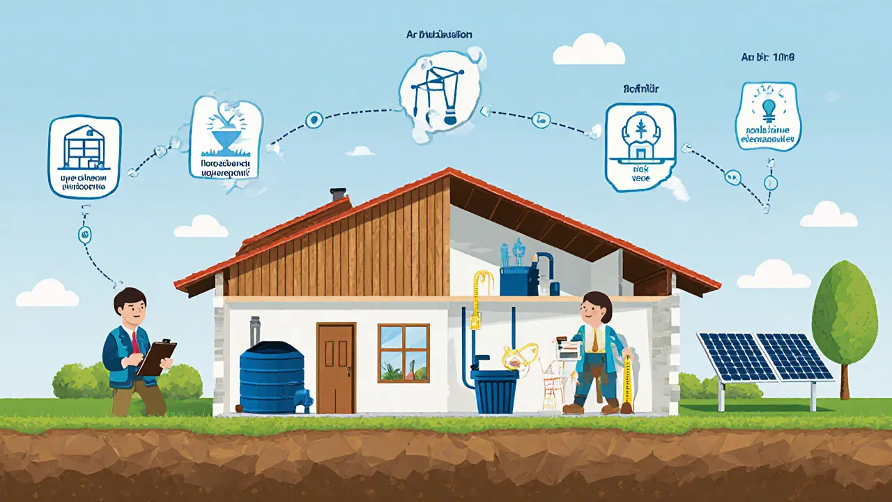 Комиссия проверяет дом в деревне с септиком, скважиной и электричеством.