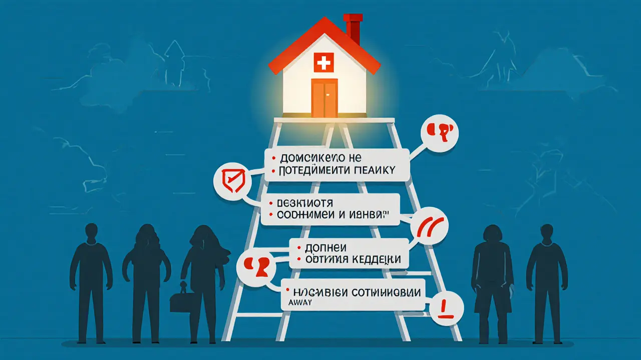 Лестница шагов реструктуризации ипотеки ведет к безопасному дому.