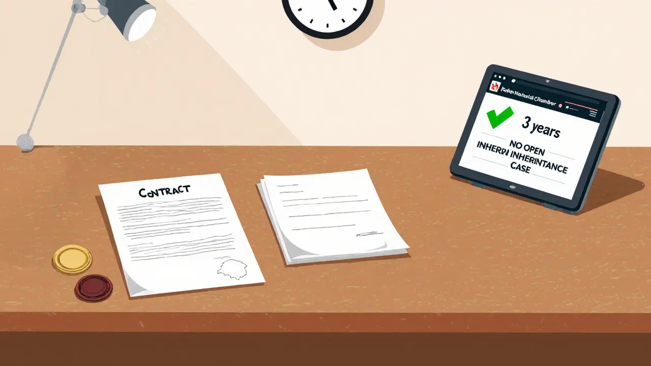 Нотариус оформляет сделку, на экране — подтверждение отсутствия открытого наследственного дела.