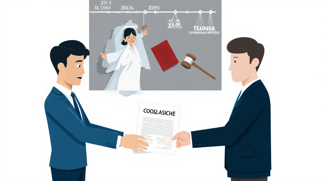 Продавец передает документ, а за спиной — призрак супруга с молотком суда, рядом — цепочка перепродаж.