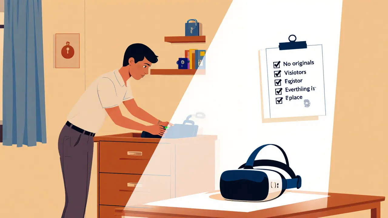 Продавец проверяет квартиру после показа, на столе VR-очки и список безопасности.