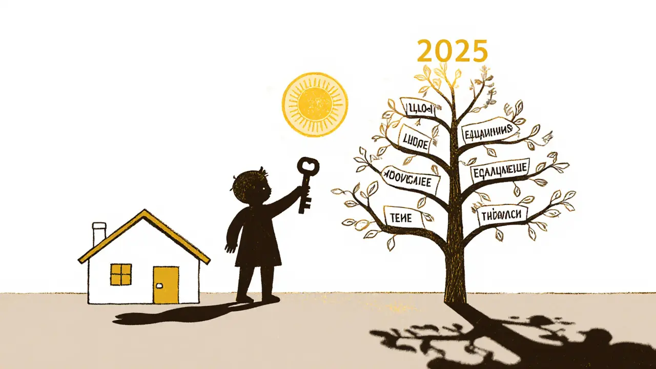 Ребёнок держит ключ к дому, рядом дерево с ветвями, обозначающими направления использования маткапитала.
