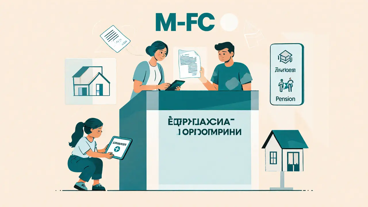 Родители подают документы в МФЦ, ребёнок играет рядом, на экране показано уведомление о выдаче сертификата.