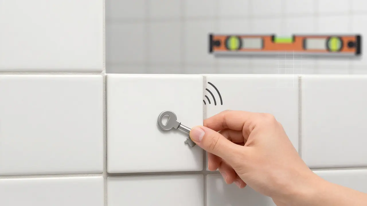 Близкий план кафельной плитки с одной выступающей и глухим звуком при постукивании.