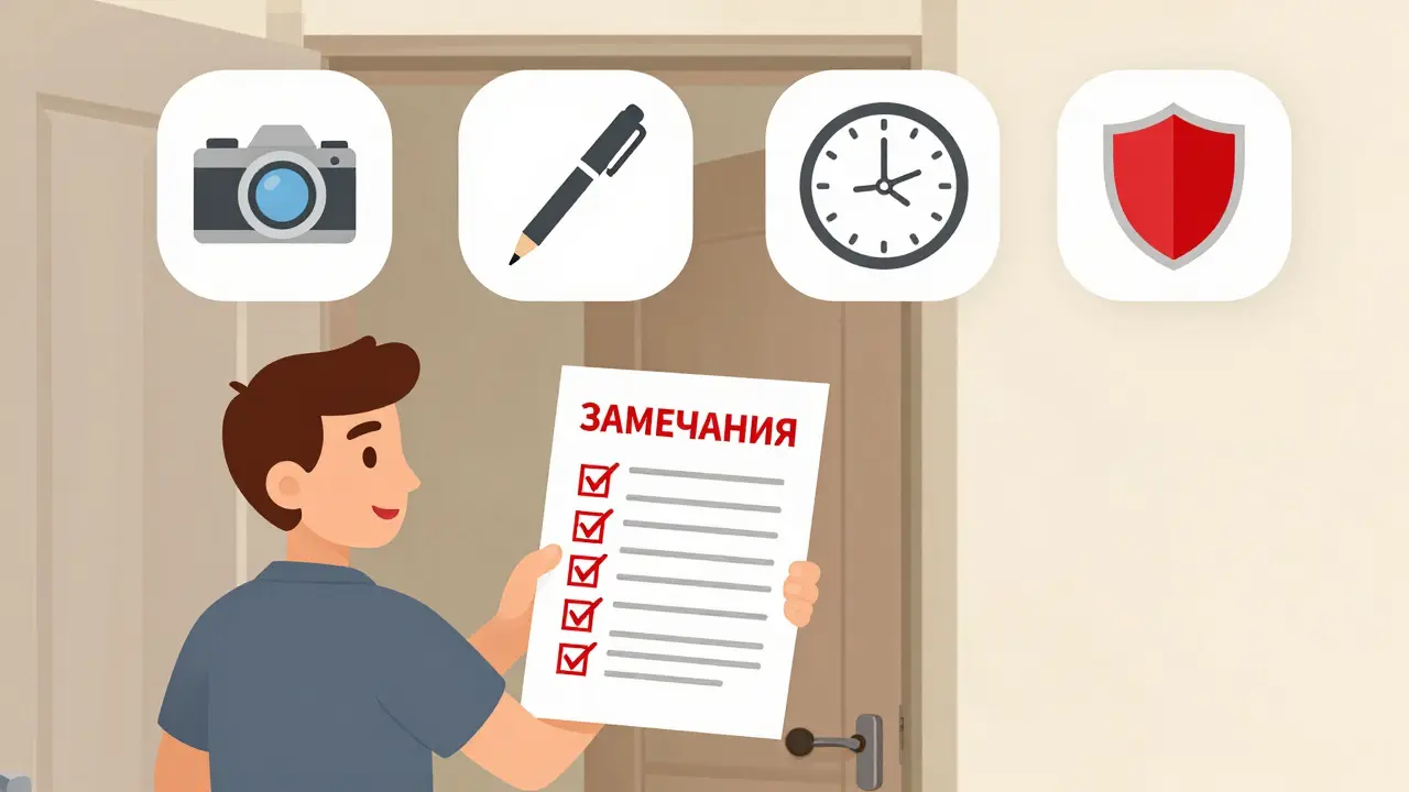 Человек держит список замечаний с иконками доказательств и юридической защиты.