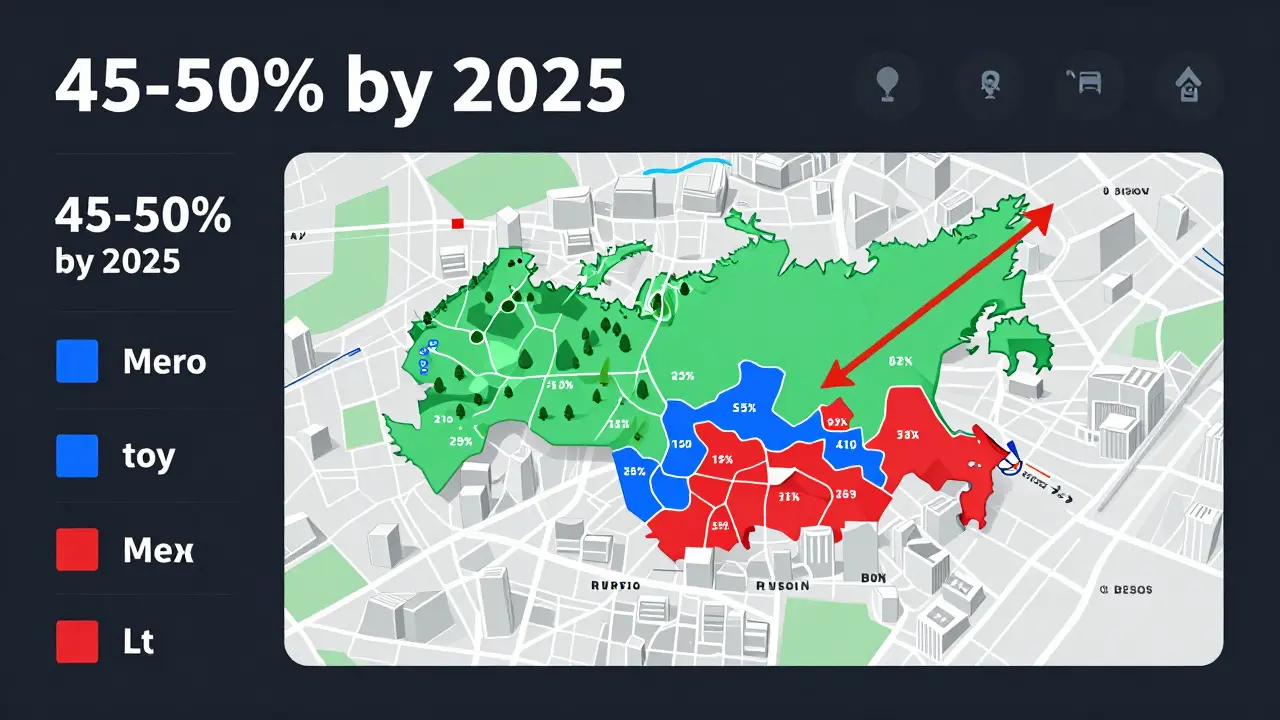 Цифровая карта города с цветовыми зонами ценности недвижимости и растущим графиком стоимости к 2025 году.