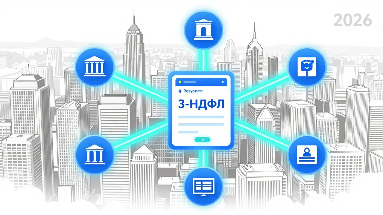 Цифровая схема, соединяющая банки, Росреестр и Госуслуги для автоматической проверки расходов в 2026 году.