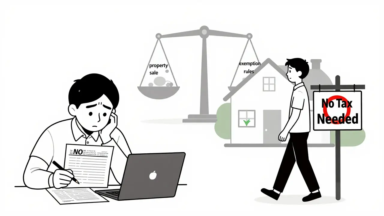 Два сценария: один с подачей декларации, другой — спокойный выход из дома с надписью 'Налог не нужен'.