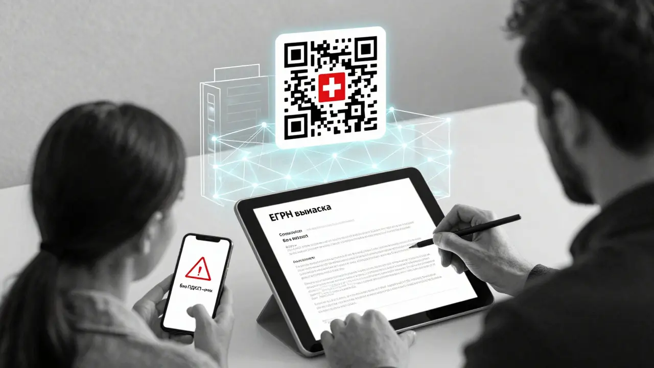 Электронный договор с блокчейном и QR-кодом выписки ЕГРН на планшете.