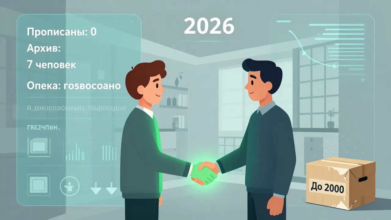 Футуристический интерфейс показывает полную историю прописки в квартире, архив растворяется.