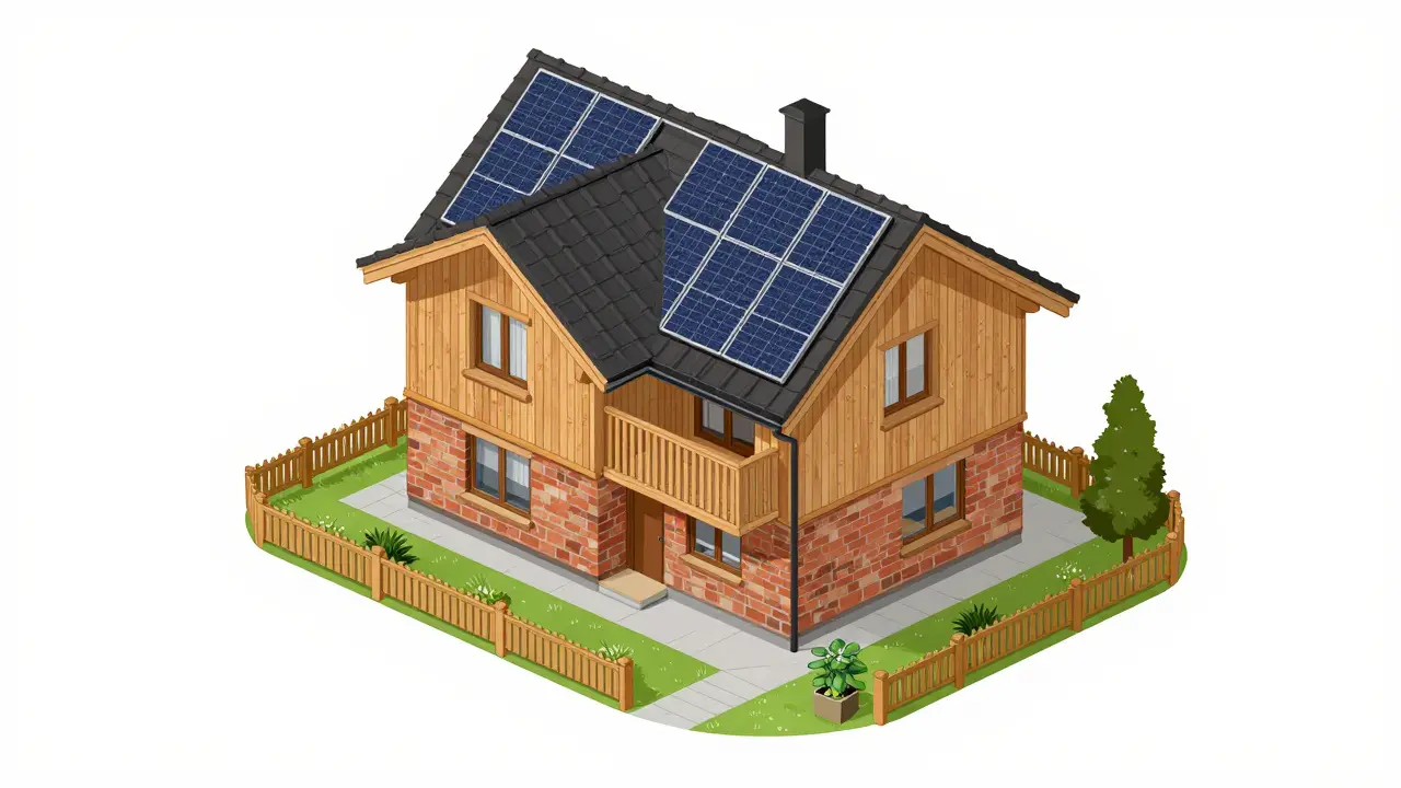 Гибридный дом: кирпичный цоколь и деревянный верх с солнечными панелями, символизирующий будущее загородного строительства.
